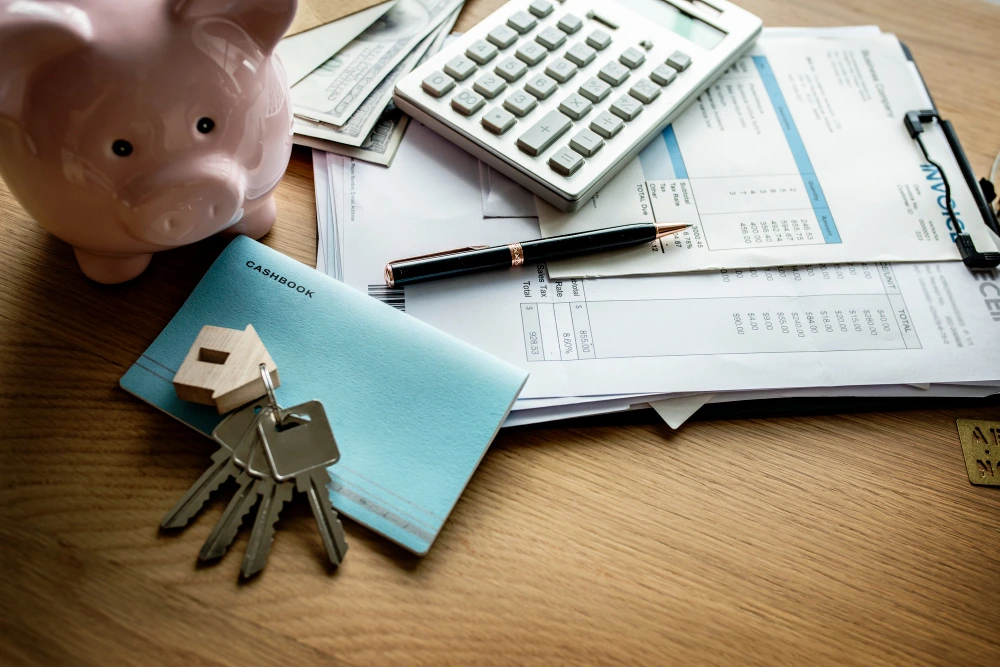 Mortgage documents on a table with calculator, keys, and pen