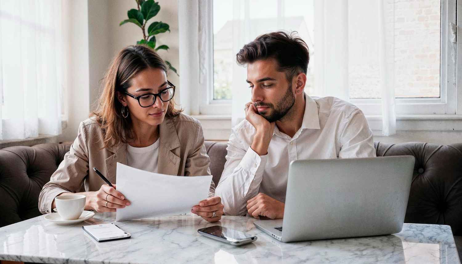 Couple reviewing mortgage documents for a property purchase in Spain